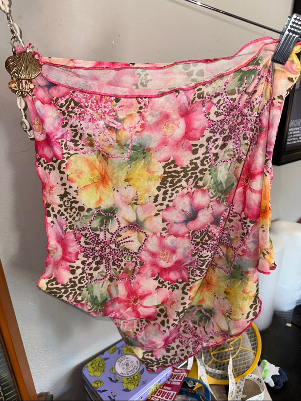 ROMWE Pink Floral Leopard-Print Rhinestone Handkerchief Top